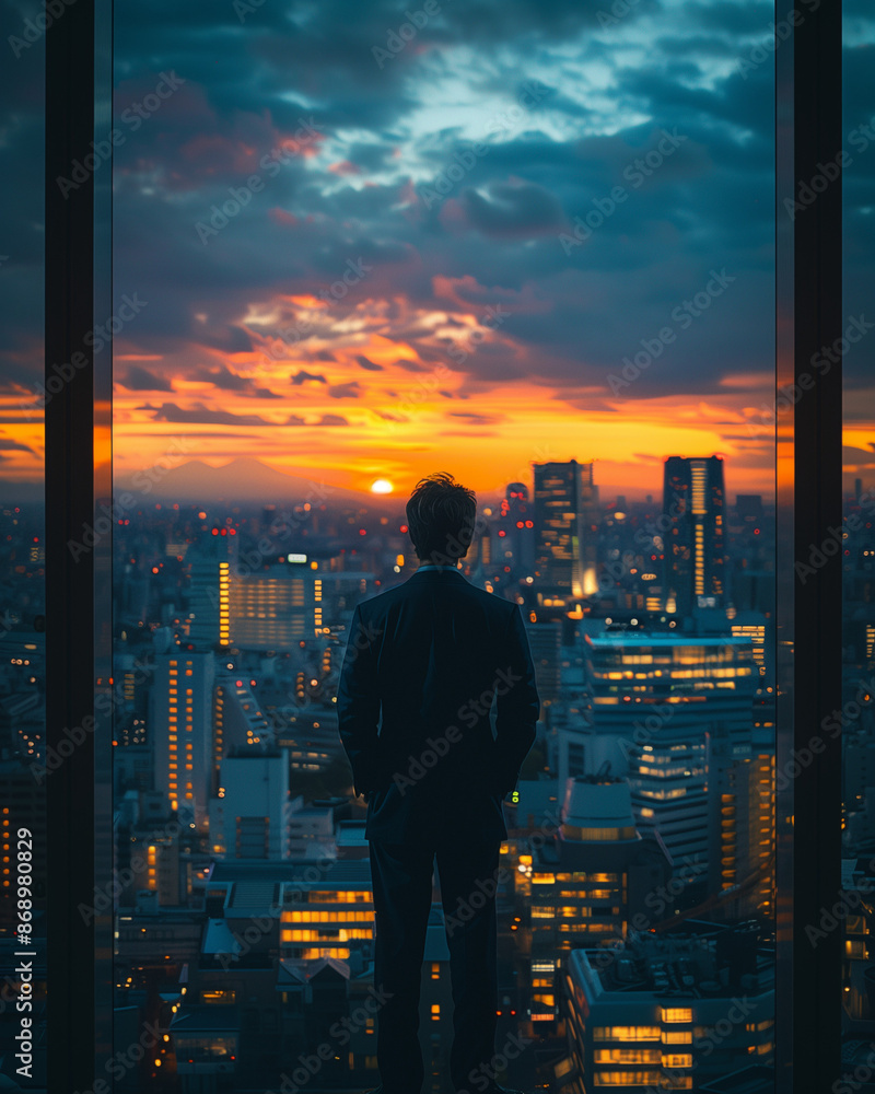 Sticker businessman in front of the city in the sunset