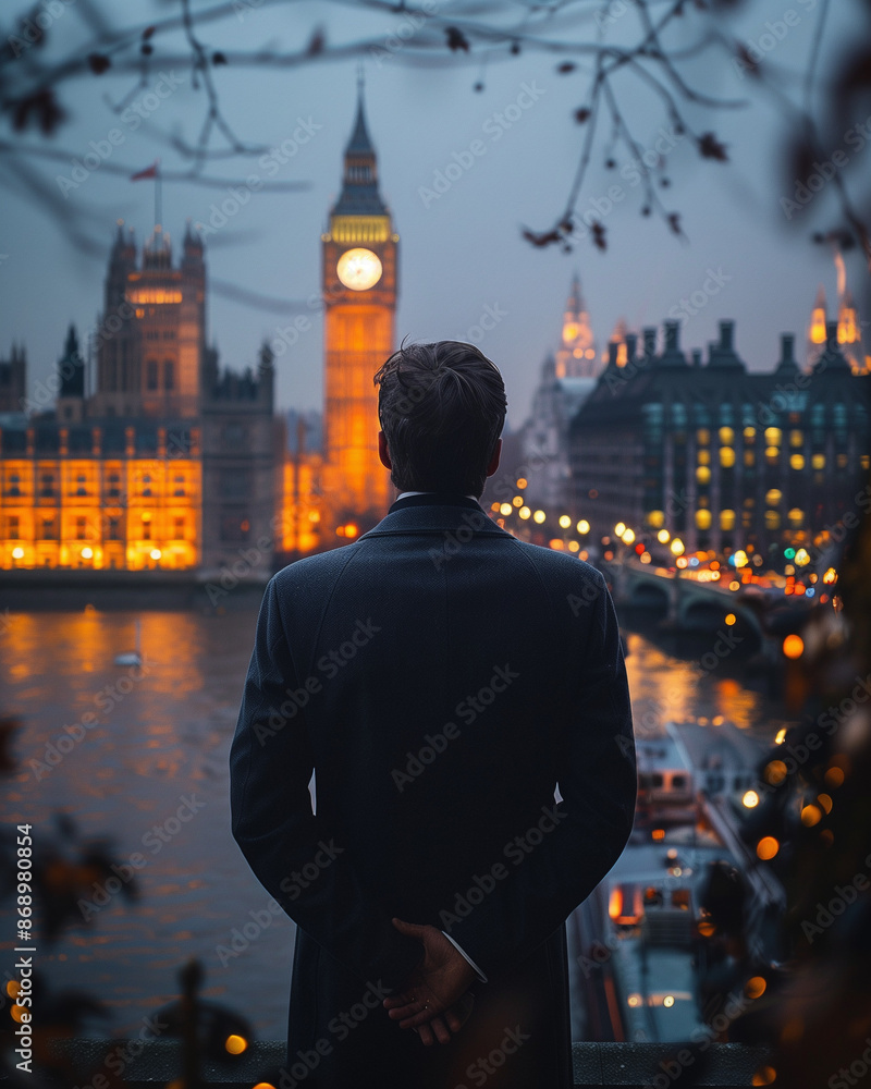 Sticker businessman in front of the city in the sunset