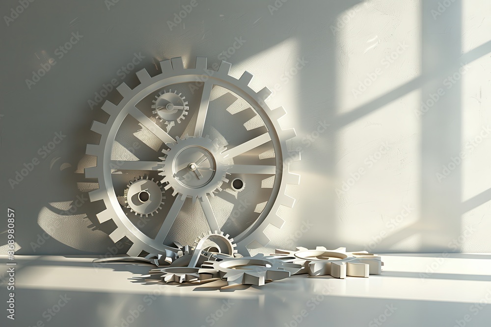 Poster a clock with gears on it is on a wall