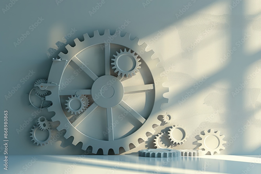 Poster a clock with gears on it is on a wall