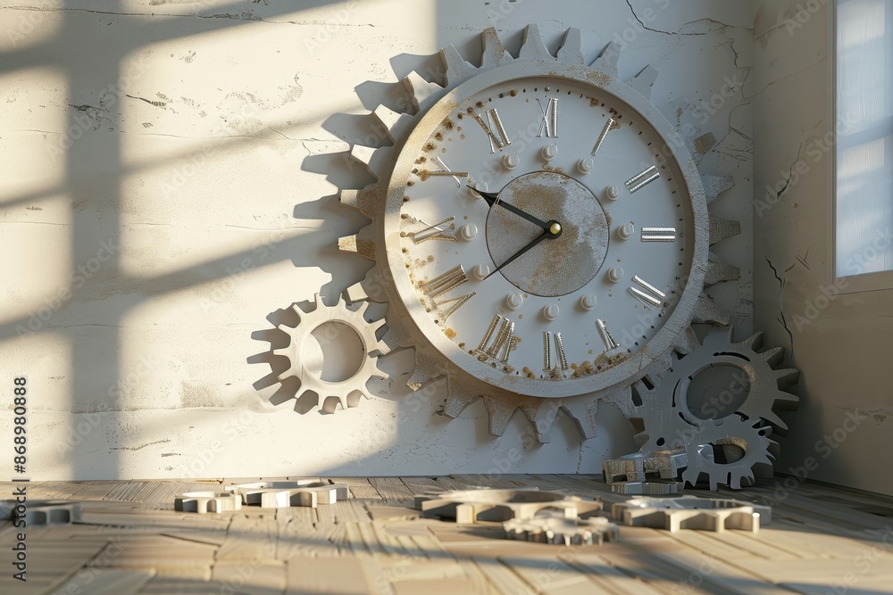 Poster a clock with gears on it is on a wall