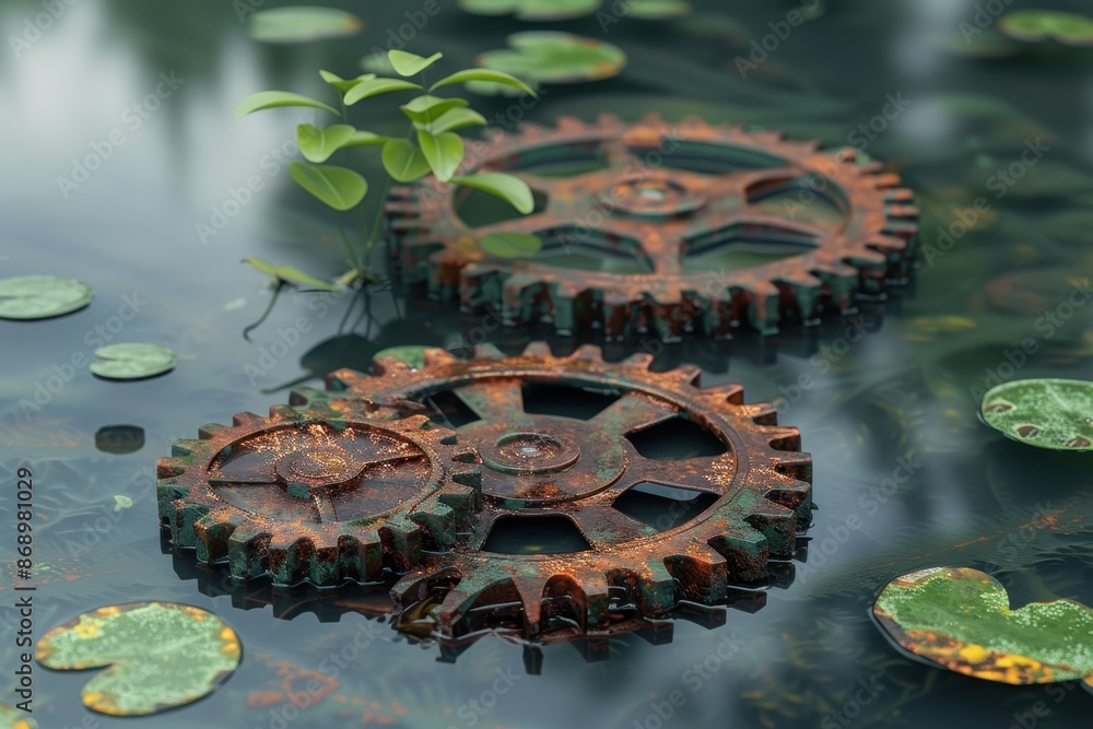 Poster three rusty gears are floating in a pond