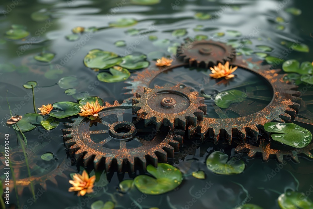 Poster three rusty gears are floating in a pond