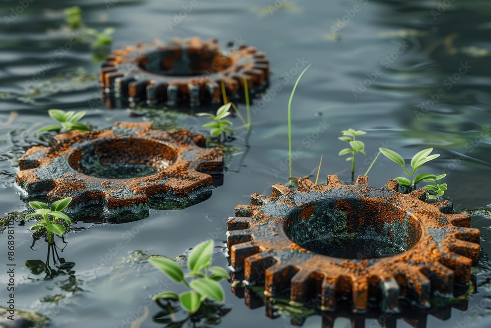 Poster three rusty gears are floating in a pond
