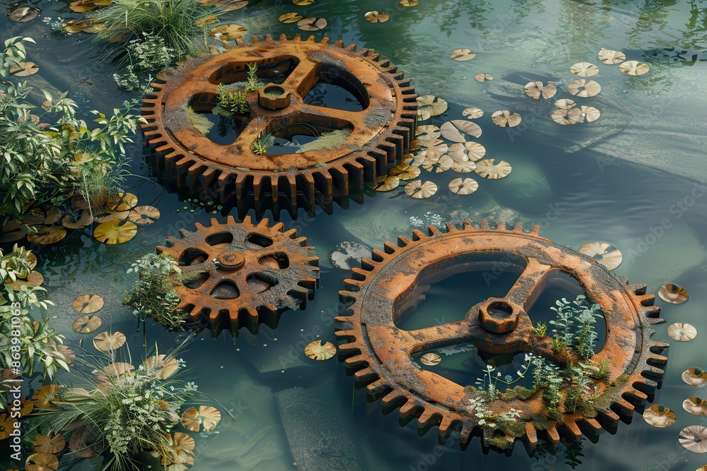 Poster three rusty gears are floating in a pond
