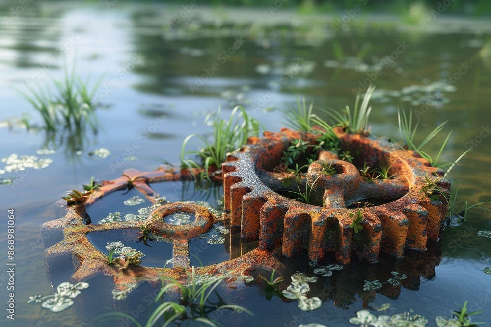 Poster three rusty gears are floating in a pond