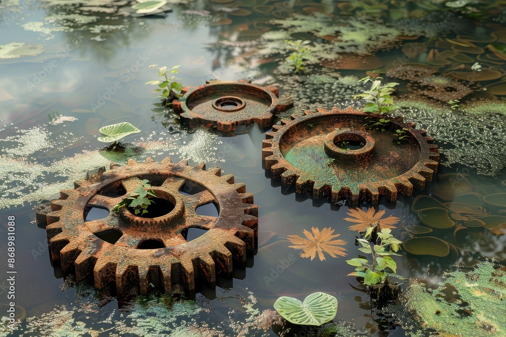 Poster three rusty gears are floating in a pond