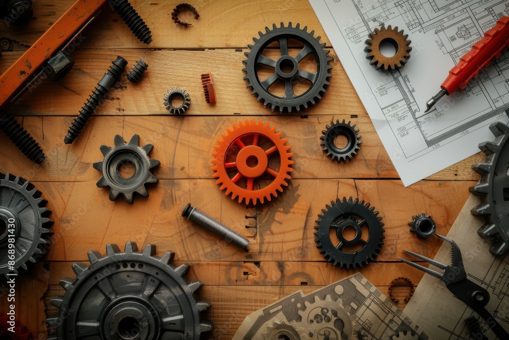 Poster a collection of gears on a wooden table with a blueprint in the background