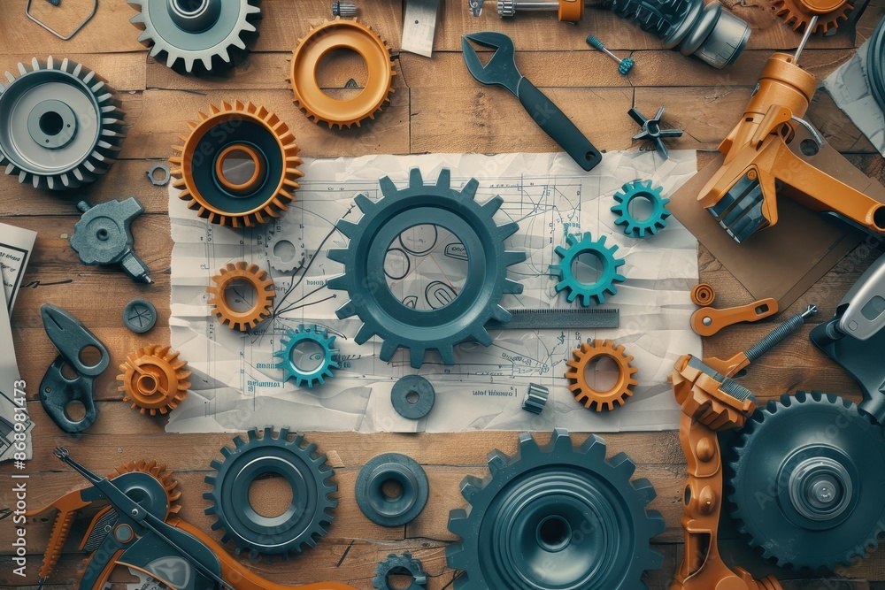Poster A collection of gears on a wooden table with a blueprint in the background