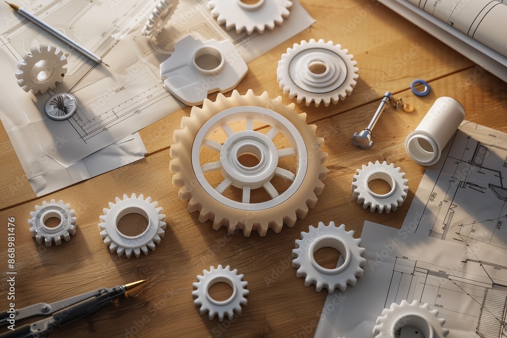 Poster a collection of gears on a wooden table with a blueprint in the background