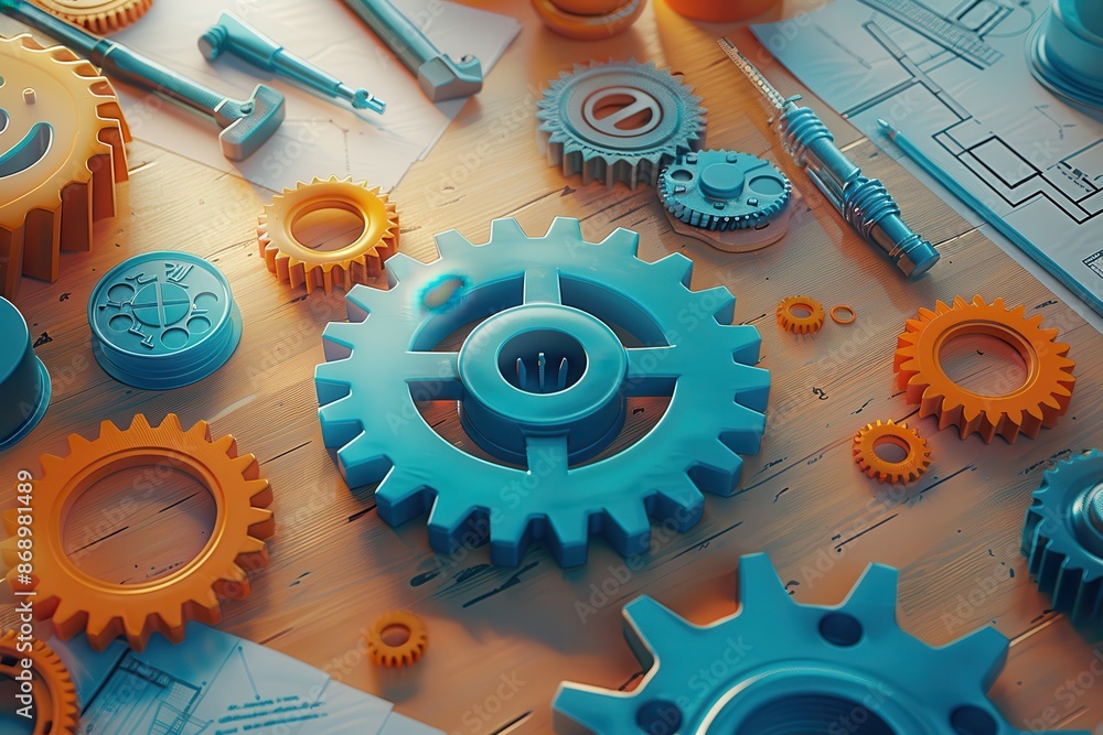 Poster a collection of gears on a wooden table with a blueprint in the background