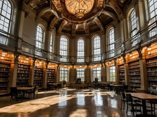 Obraz premium A large and luxurious library with tables and chairs with a large fireplace in the center
