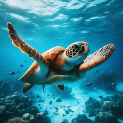 Obraz premium Turtle cruising clean blue sea.