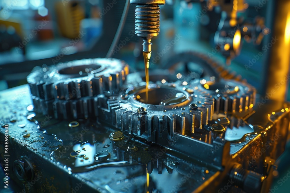 Poster a close up of a set of gears with a liquid dripping from them