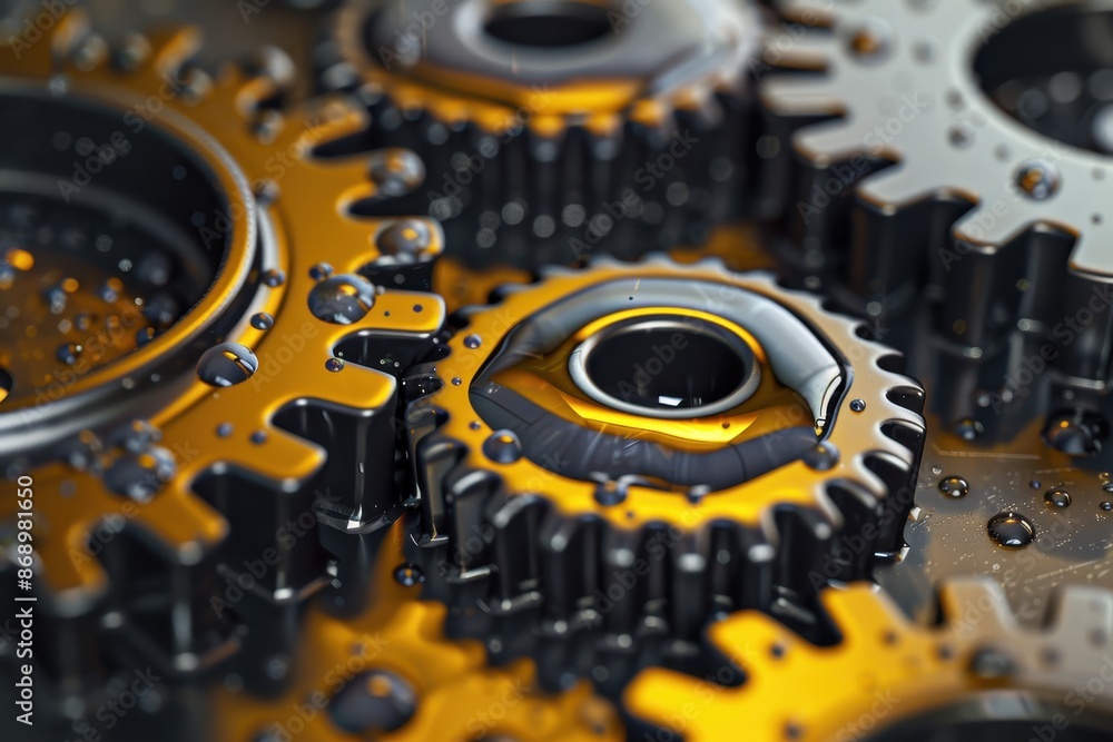 Poster a close up of a set of gears with a liquid dripping from them