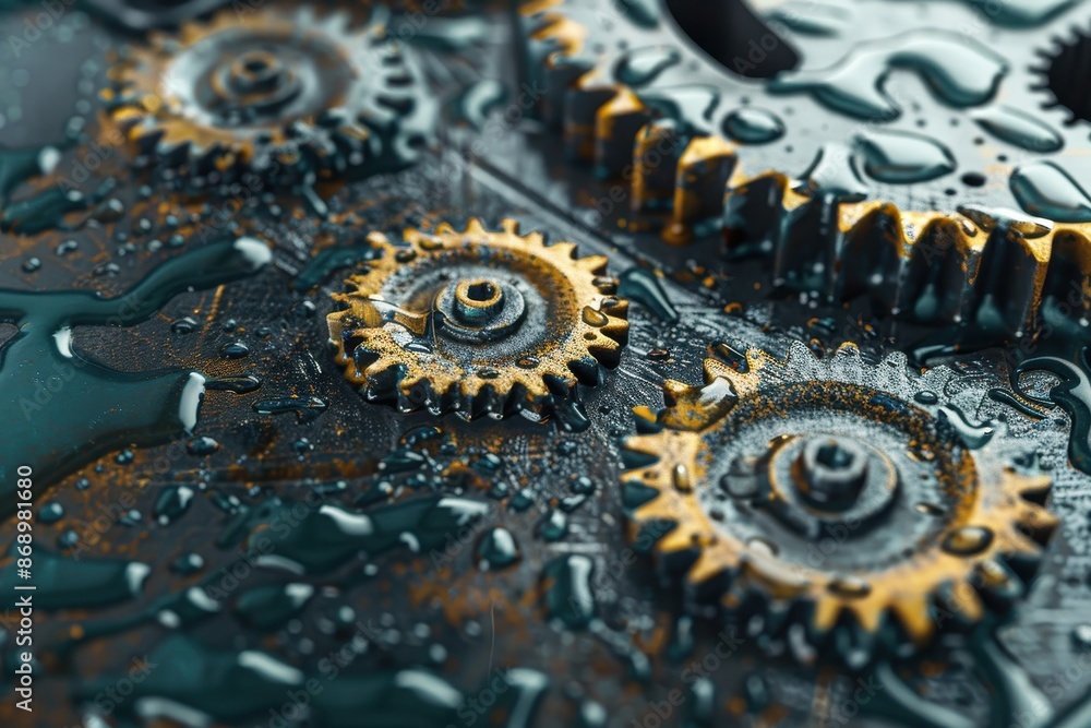 Poster a close up of a set of gears with a liquid dripping from them