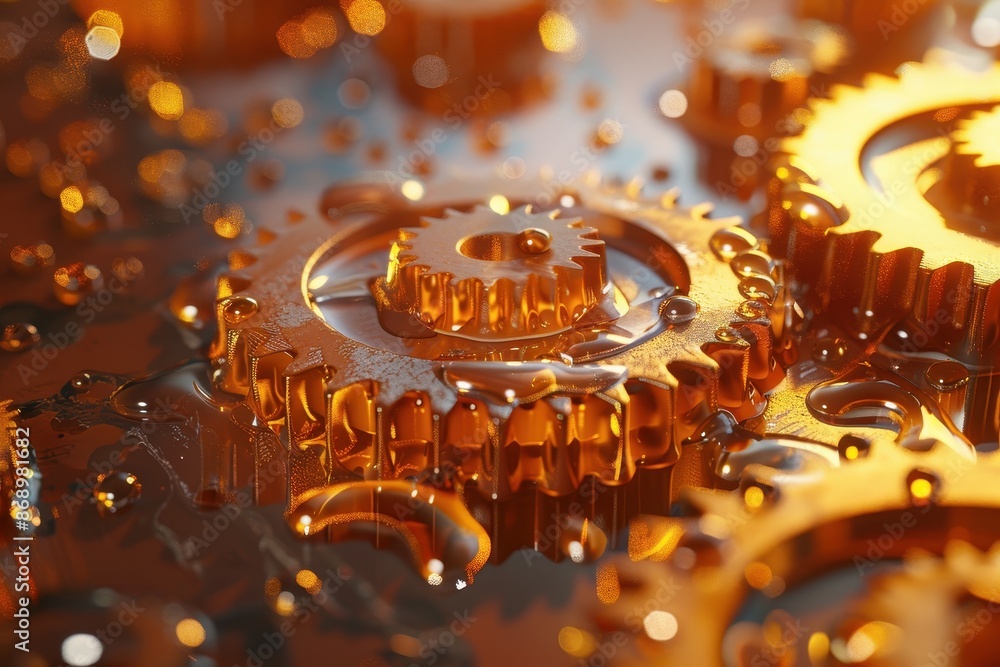 Poster a close up of a set of gears with a liquid dripping from them