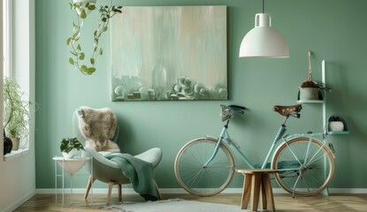 Stylish pastel green living room interior with bicycle, modern furniture, and plants