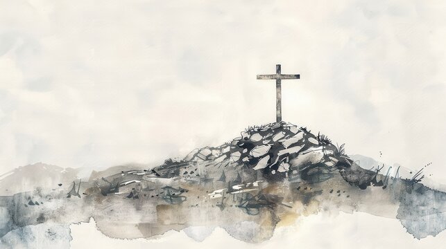 Cross on Rocky Hilltop, Biblical Illustration, Beige Background, Christian Endurance and Faith, Copyspace
