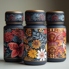 three jars with painted flowers on them

