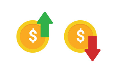 Dollar with arrow up and down vector icon. Concept of cost graph, stocks price and rate changes, profit and money loss, vector illustration