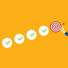 Goal, motivation to success. Climb up stairs to reach goal target on the top.