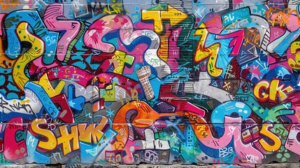 Weathered Concrete Wall: Seamless Pattern of Colorful Graffiti