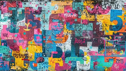 Fototapeta premium Weathered Concrete Wall: Seamless Pattern of Colorful Graffiti