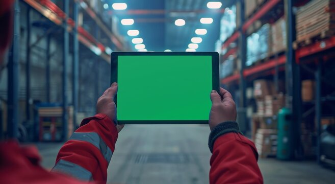 Worker holding iPad with green screen in warehouse aisle at modern industrial facility