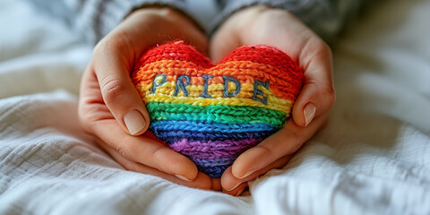 Hands gently holding a rainbow-colored knitted heart with "PRIDE" embroidered, symbolizing LGBTQ+ support and acceptance. Concept of love, equality, and diversity.