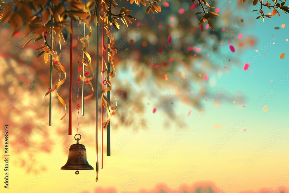 Poster a bell hangs from a tree branch with ribbons attached to it