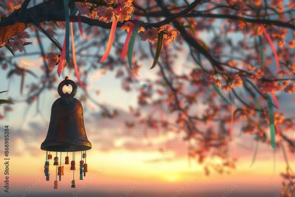 Poster a bell hangs from a tree branch with ribbons attached to it