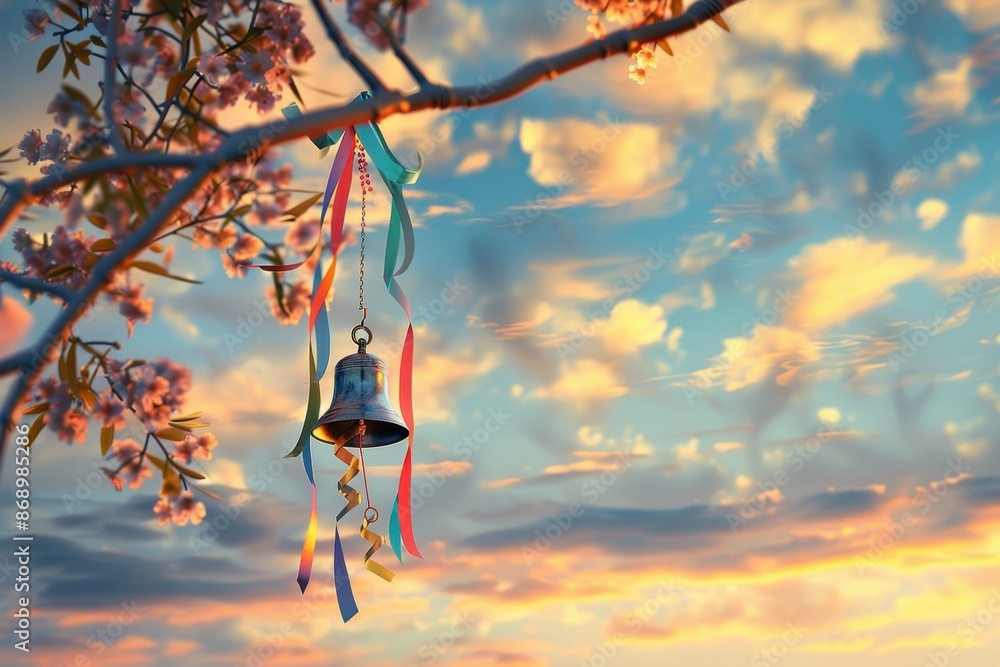 Poster a bell hangs from a tree branch with ribbons attached to it