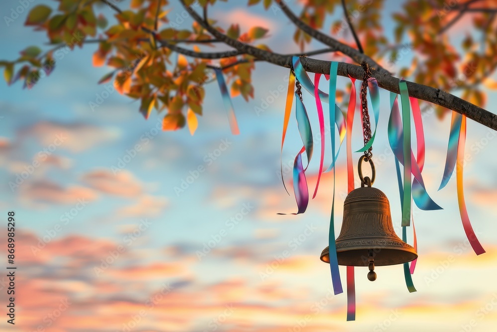 Poster a bell hangs from a tree branch with ribbons attached to it
