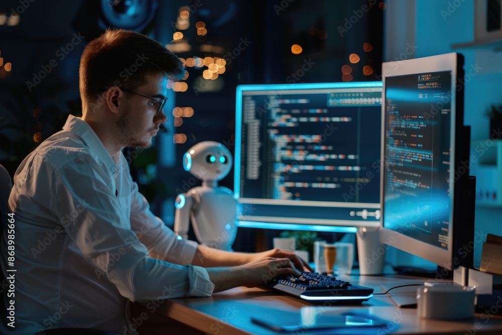 Poster cybersecurity professional examining intricate digital data on advanced computer systems and global 