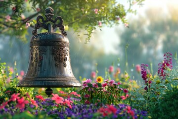Obraz premium A bell is sitting on a rock in a garden with flowers