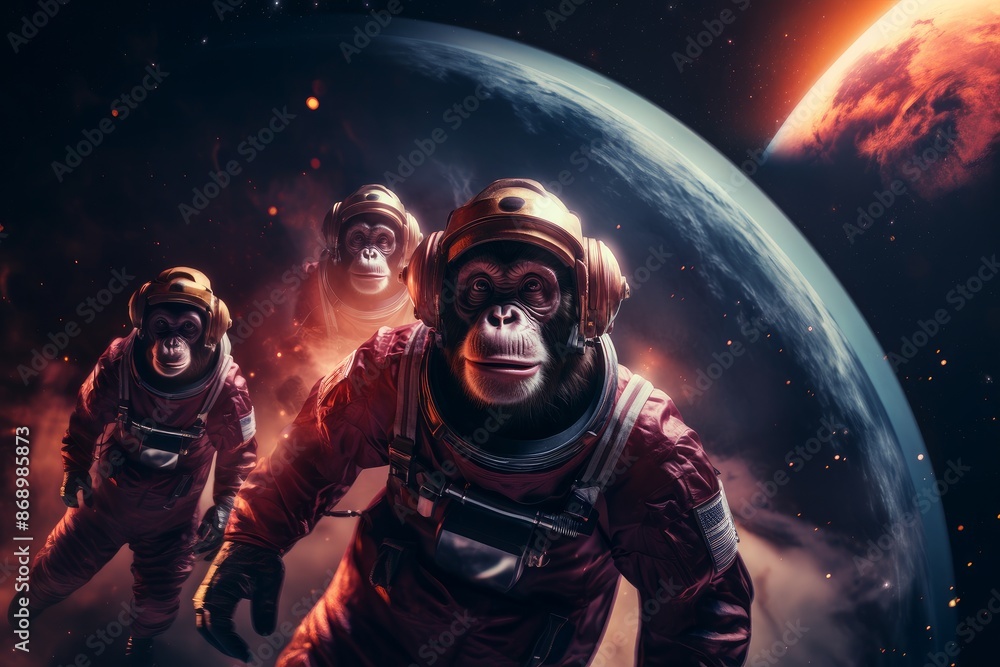 Canvas Prints a group of monkeys dressed as astronauts explore space.