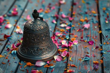 A bell sits on a wooden table with colorful flowers scattered around it