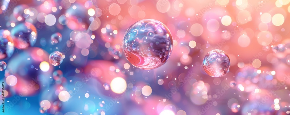 Poster Abstract colorful liquid bubbles with bokeh background in vibrant hues