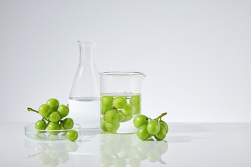 Minimalist style photo with green color grape standing out on white background, which contained in a few laboratory equipments consist of erlenmeyer flask, beaker and petri dish. Copy space for text