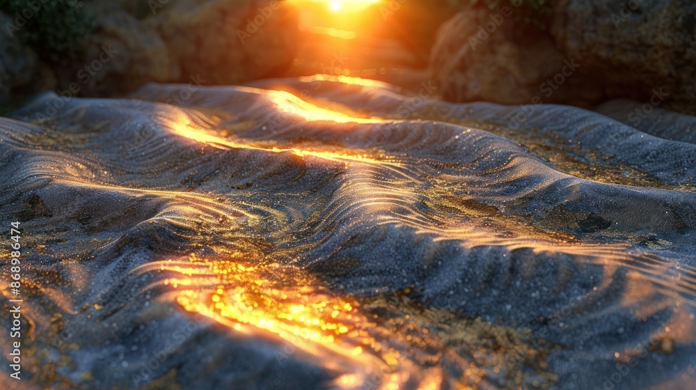 Poster a computer generated image of a beach with a sun setting in the background