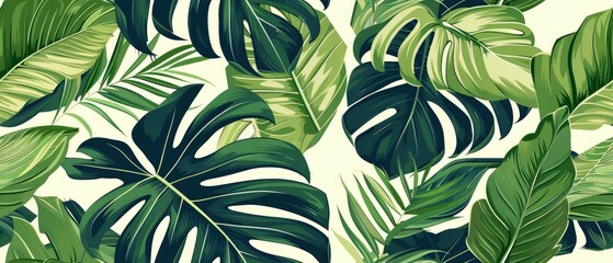 A vintage-inspired hand-drawn botanical background showcases a seamless pattern of tropical green palm, colocasia, and banana leaves