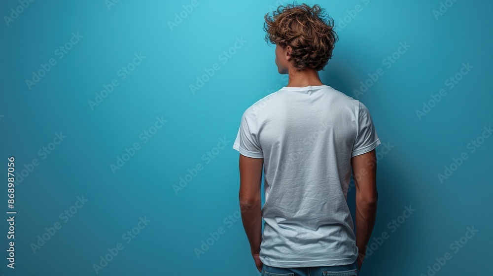 Wall mural A young man with curly hair is standing with his back to the camera. He is wearing a white T-shirt and blue jeans. - Wall murals