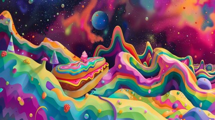 Psychedelic Ice Cream Hot Dog Delightfully Surreal in Vibrant Digital Painting Landscape