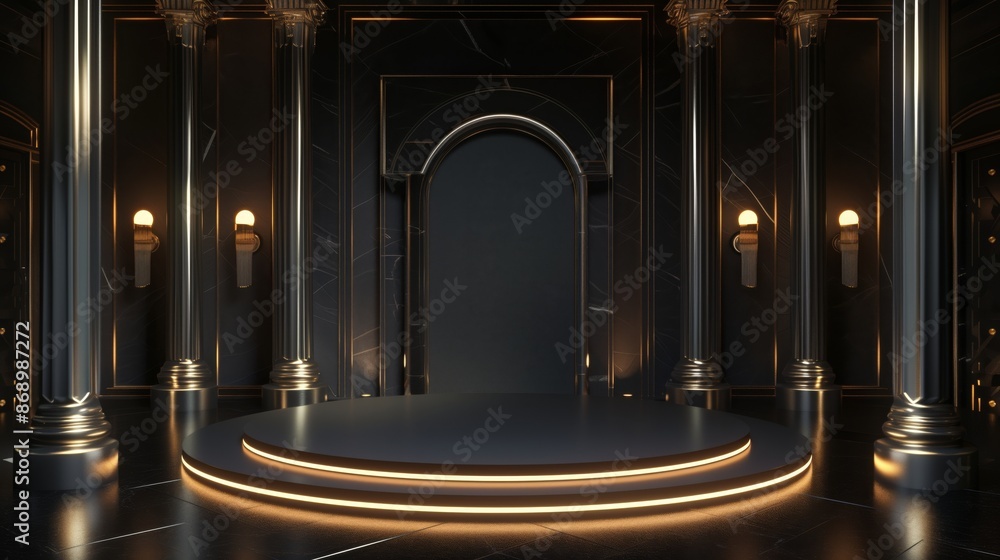 Poster a luxurious 3d podium background with exquisite lighting, creating an elegant visual experience.
