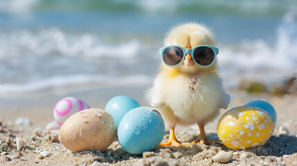 Obraz premium Yellow chick wearing sunglasses pose with eggs against a vibrant blue background , Sweet and funny baby chick wearing in fashion sunglasses 