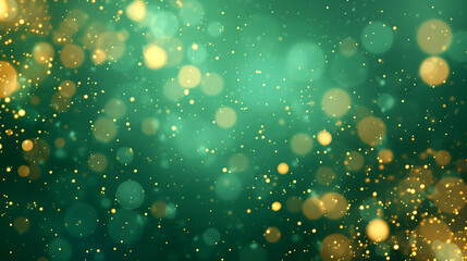 Abstract green background with golden bokeh lights and sparkles