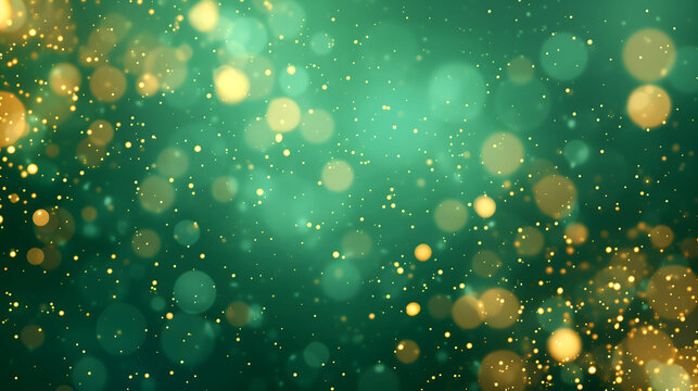 Abstract green background with golden bokeh lights and sparkles