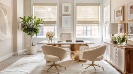 interior design photography, contemporary fashion editor office photo for architectural digest, natural textures, marble and fibers