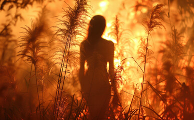 a silhouette of a woman standing in a field of tall grass. 